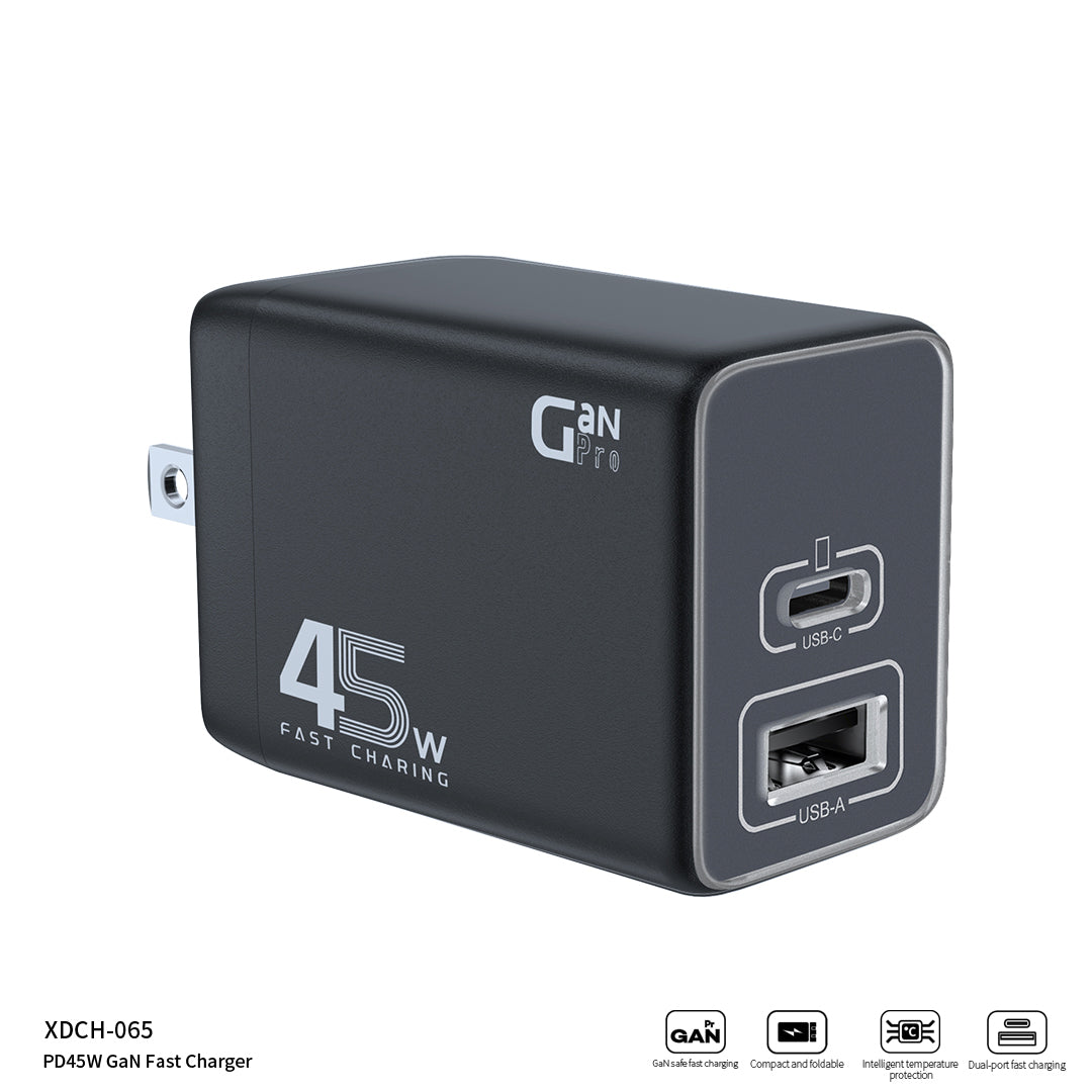 XUNDD XDCH-065 GaN Power Adapter Type-C+USB-A Dual Port 45W Fast Charging Block XUNDD XDCH-065 GaN Power Adapter Type-C+USB-A Dual Port 45W Fast Charging Block